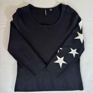 Venini Black Ribbed Knit Star Sleeve Scoop Neck Top Womens Medium 3/4 Sleeve